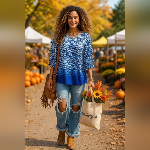 Blue Boho Patterned 3X Tunic Blouse Top Soft Stretch Plussize - Picture 1 of 8